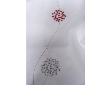 Voile au mètre rouge et gris brodé en grande hauteur 300 cm. PETITS STOCKS