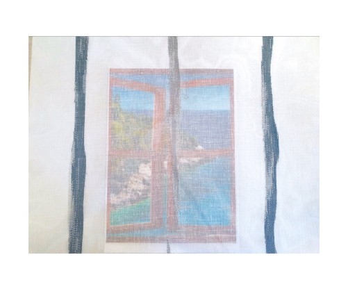 Voilage sur mesure blanc avec rayure bleu et gris